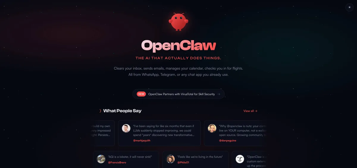 OpenClaw AI agent framework — landing page