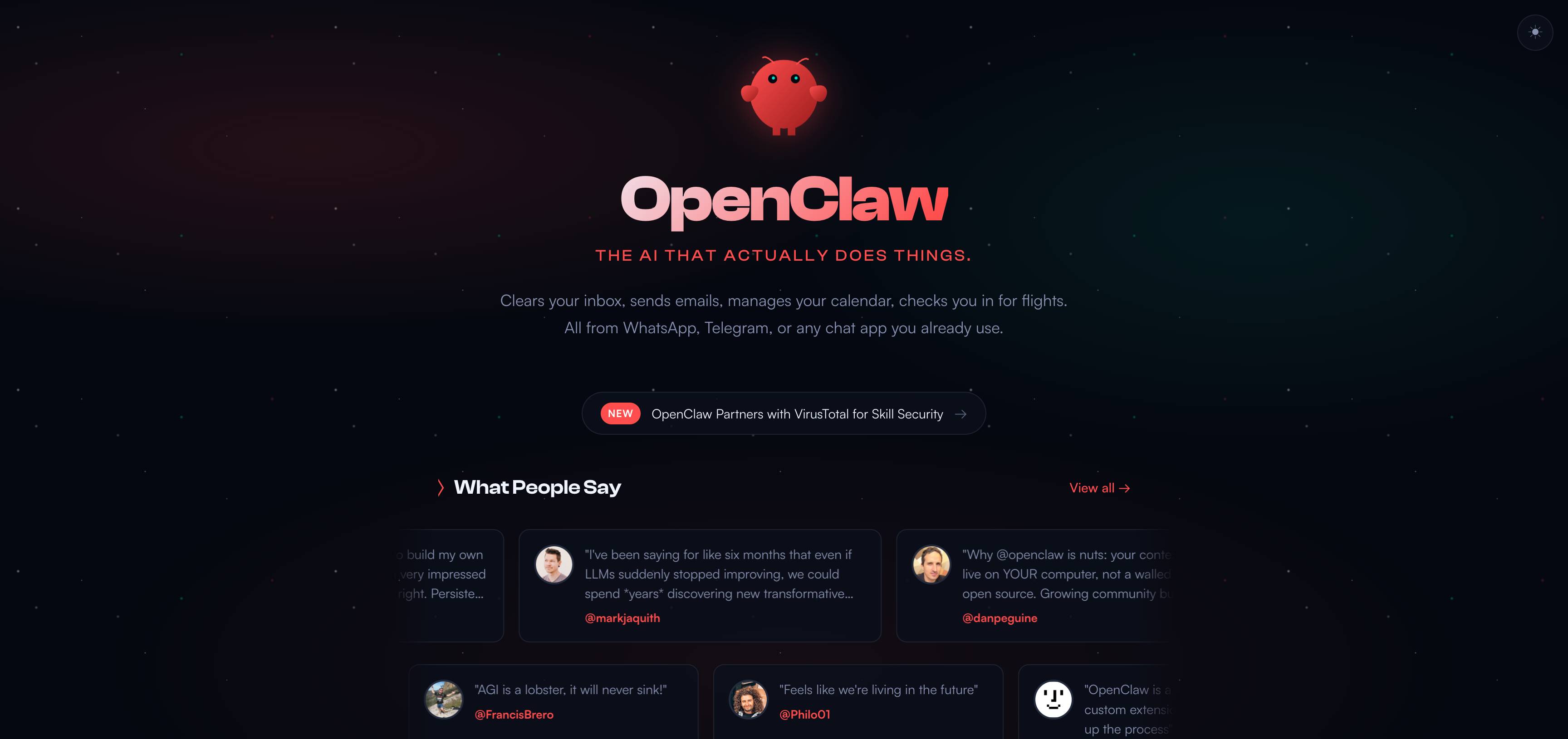 OpenClaw AI agent framework — landing page